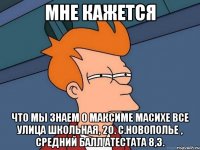 мне кажется что мы знаем о максиме масихе все улица школьная, 20. с.новополье , средний балл атестата 8,3.