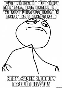 иду такой крутой и чёрный кот перебегает дорогу и я перешёл и тут такая тёлка заводная а я ей привет она говорила отвали блять зачем я дорогу перешёл неудача