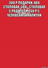 300 р подарки, 480 столовая, 380 - столовая с родителя, 130 р с человека за напитки 