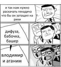 и так нам нужно раскачать генадича что бы он затащил на рики дифуза, бабочка, башер влодимир и аганим