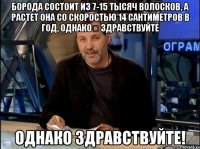 борода состоит из 7-15 тысяч волосков, а растет она со скоростью 14 сантиметров в год, однако здравствуйте однако здравствуйте!