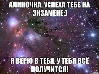 алиночка, успеха тебе на экзамене:) я верю в тебя, у тебя всё получится!