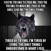 you're trying to take me, they're trying to make me. this is the only, give me the only thing. tired of trying, i'm tired of lying. the only thing i understand is what i feel.