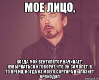 мое лицо, когда мой вентилятор начинает, кувыркаться и говорит что он самолет, в то время, когда из моего сортира вылазиет крокодил