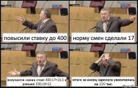 повысили ставку до 400 норму смен сделали 17 получается смена стоит 400:17=23,5 а раньше 330:15=22 итого за месяц зарплата увеличилась на 220 тыс.