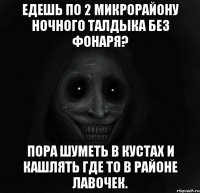 едешь по 2 микрорайону ночного талдыка без фонаря? пора шуметь в кустах и кашлять где то в районе лавочек.