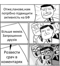 Отже,панове,нам потрібно підвищити активність на БФ Більше мемів. Запрошення друзів Розвести срач в коментарях