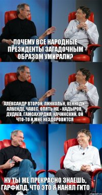 Почему все народные президенты загадочным образом умирали? Александр Второй, Линкольн, Кеннеди, Альенде, Чавес, опять же - Кадыров, Дудаев, Гамсахурдия, Качинский. Ой что-то и мне нездоровится Ну ты же прекрасно знаешь, Гарфилд, что это я нанял Гито