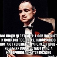 Все люди делятся на: 1. Cов (встают и ложатся поздно) 2. Жаворонков (встают и ложатся рано) 3. Дятлов - из-за них совы встают рано, а жаворонки ложатся поздно