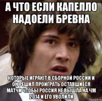 а что если капелло надоели бревна которые играют в сборной россии и он решил проиграть оставшиеся матчи чтобы россия не вышла на чм 2014 и его уволили