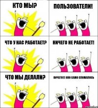 Кто мы? Пользователи! Что у нас работает? Ничего не работает! Что мы делали? Ничего!!! Оно само сломалось