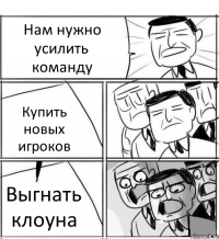 Нам нужно усилить команду Купить новых игроков Выгнать клоуна