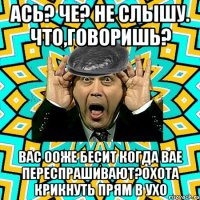 ась? че? не слышу. что,говоришь? вас ооже бесит когда вае переспрашивают?охота крикнуть прям в ухо