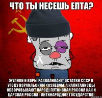 что ты несешь епта? жулики и воры разваливают остатки ссср в угоду израильским хозяевам, а капитализды обворовывают народ! путинская россия как и царская россия - антинародное государство!