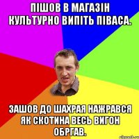 пішов в магазін культурно випіть піваса. зашов до шахрая нажрався як скотина весь вигон обргав.