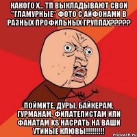 какого х... тп выкладывают свои "гламурные" фото с айфонами в разных профильных группах??? поймите, дуры, байкерам, гурманам, филателистам или фанатам ks насрать на ваши утиные клювы!!!