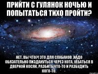 прийти с гулянок ночью и попытаться тихо пройти? нет, вы что?! это для слабаков .надо обязательно пиздануться через кота, уебаться в дверной косяк, разбить что-то и разбудить кого-то.