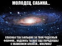 молодец, сабина... спасибо тебе большое за твой чудесный фанфик... надеюсь ты нас еще порадуешь) с уважением алексей... wolfwolf