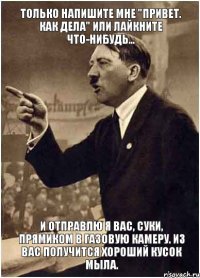 только напишите мне "привет. как дела" или лайкните что-нибудь... И отправлю я вас, суки, прямиком в газовую камеру. Из вас получится хороший кусок мыла.