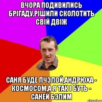 вчора подивились брігаду,рішили сколотить свій двіж саня буде пчэлой,андрюха - космосом,а я так і буть - саней бэлим