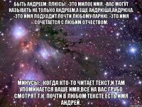 быть андреем: плюсы: -это милое имя. -вас могут называть не только андреем,а еще андрюша,андрюха. -это имя подходит почти любому парню. -это имя сочетается с любим отчеством. минусы: -когда кто-то читает текст,и там упоминается ваше имя,все на вас грубо смотрят,т.к. почти в любом тексте есть имя андрей.