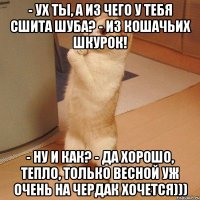 - ух ты, а из чего у тебя сшита шуба? - из кошачьих шкурок! - ну и как? - да хорошо, тепло, только весной уж очень на чердак хочется)))