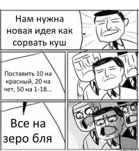 Нам нужна новая идея как сорвать куш Поставить 10 на красный, 20 на чет, 50 на 1-18... Все на зеро бля