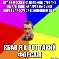 купив москвича,положив стрєлку на 220,збив на партизанськiй корову,просувся в холодном поту єбав я в рот такий форсаж