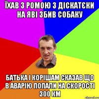 їхав з ромою з діскатєки на яві збив собаку батька і корішам сказав що в аварію попали на скорості 300 км