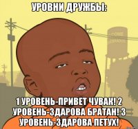 уровни дружбы: 1 уровень-привет чувак! 2 уровень-здарова братан! 3 уровень-здарова петух!