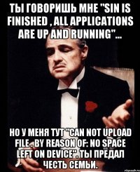 ты говоришь мне "sin is finished , all applications are up and running"... но у меня тут "can not upload file . by reason of: no space left on device". ты предал честь семьи.