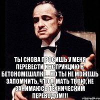 Ты снова просишь у меня перевести инструкцию к бетономешалке... Но ты не можешь запомнить, что я, мать твою, НЕ ЗАНИМАЮСЬ ТЕХНИЧЕСКИМ ПЕРЕВОДОМ!!!