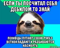 если ты посчитал себя дебилом,то знай ленивцы путают свою руку с веткой,падают и разбиваются насмерть