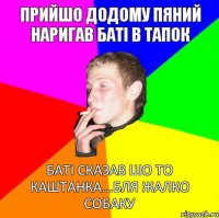 прийшо додому пяний наригав баті в тапок баті сказав шо то каштанка...бля жалко собаку