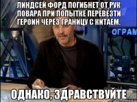 линдсей форд погибнет от рук повара при попытке перевезти героин через границу с китаем. однако, здравствуйте