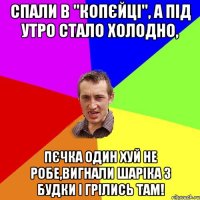 спали в "копєйці", а під утро стало холодно, пєчка один хуй не робе,вигнали шаріка з будки і грілись там!