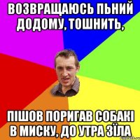 возвращаюсь пьний додому, тошнить, пішов поригав собакі в миску, до утра зїла