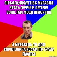 сірьога,нахуя тібє муравля брать,луччє б ємтеху взяв,там мощі німєряна а муравель то для кириловича,козам по траву гасать!