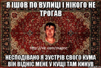 я ішов по вулиці і нікого не трогав несподівано я зустрів свого кума він відніс мене у кущі там кинув