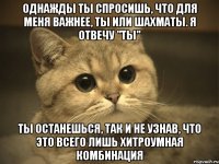 однажды ты спросишь, что для меня важнее, ты или шахматы. я отвечу "ты" ты останешься, так и не узнав, что это всего лишь хитроумная комбинация