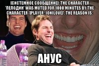 [системное сообщение]: the character 'пелодин' was muted for 1000 minutes by the character '[player: jonilove]'. the reason is: анус