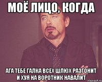 моё лицо, когда ага тебе галка всех шлюх разгонит и хуя на воротник навалит