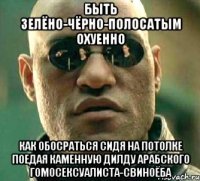 быть зелёно-чёрно-полосатым охуенно как обосраться сидя на потолке поедая каменную дилду арабского гомосексуалиста-свиноёба