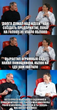 Долго думал над идеей - как создать предприятие, пока на голову не упало яблоко Вырастил огромный сад, нанял помощников, яблок на еду нам хватало Ха! А я просто убил одного садовника и приватизировал сад. Теперь у меня миллионы рабов и биллионы долларов. И ты знаешь - мне хватает и на мясо