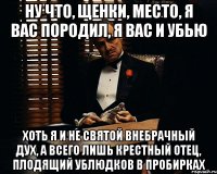 Ну что, щенки, место, я вас породил, я вас и убью Хоть я и не святой внебрачный дух, а всего лишь крестный отец, плодящий ублюдков в пробирках