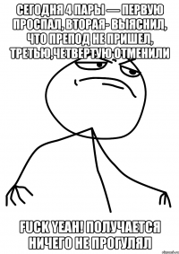 Сегодня 4 пары — первую проспал, вторая- выяснил, что препод не пришел, третью,четвертую отменили FUCK YEAH! Получается ничего не прогулял