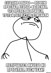 Сегодня 4 пары — первую проспал, вторая- выяснил, что препод не пришел, третью,четвертую отменили Получается ничего не прогулял. FUCK YEAH!