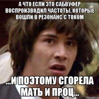 а что если это сабвуфер воспроизводил частоты, которые вошли в резонанс с током ...и поэтому сгорела мать и проц...