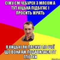 сіжу єм чебурек з мясом а тут кіцька підбігає і просить жрать я кицькі як ляснув по шеї що вона аж подавилася от глотки