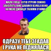 Мала чуеш, хотів утром свиню заколоть,вже швайку взяв,а вона на мене дивиця такими очима Одразу тебе згадав і рука не піднялася